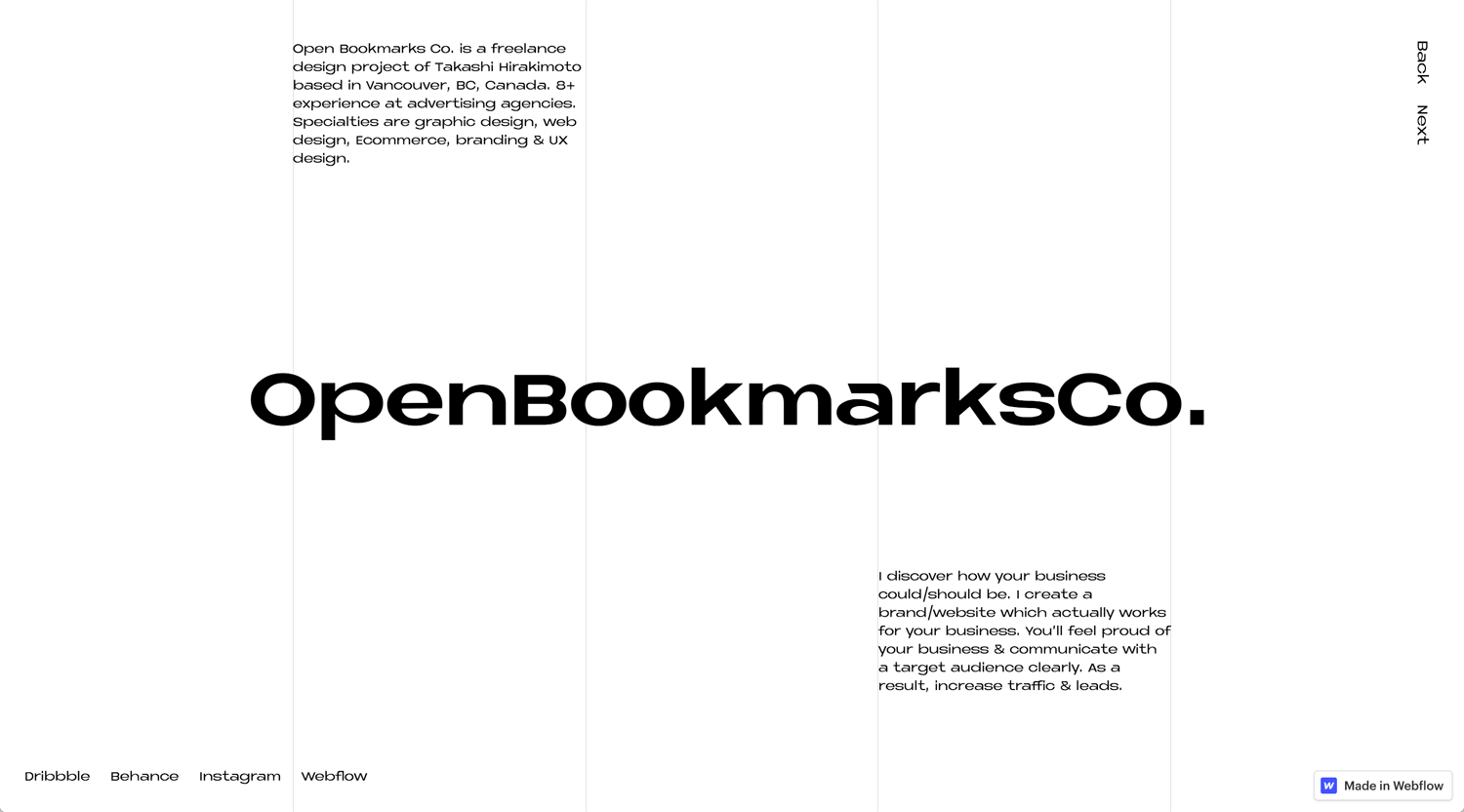 Portfolio Open Bookmarks Co. Webflow Expert Vancouver